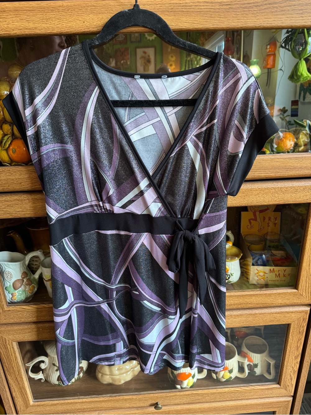 Black and Lavender Abstract Wrap Tie-Front Top